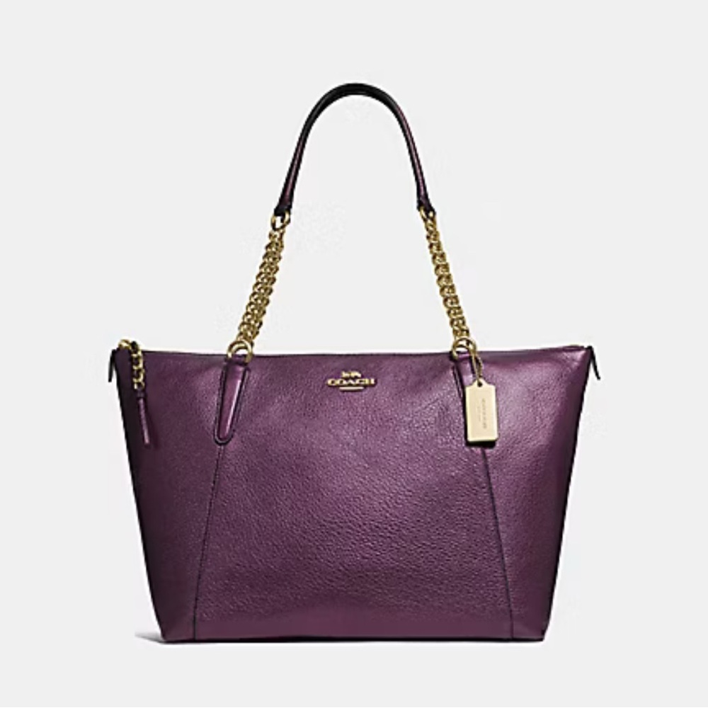 Coach F35868 Ava Platinum Metallic RASPBERRY Pebbled Leather Chain Tote